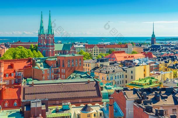 空气的全景画关于芬兰首都赫尔辛基.城市风光照片关于指已提到的人首都关于芬兰