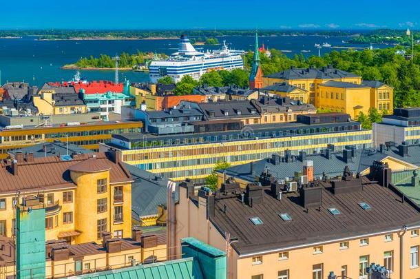 城市风光照片关于芬兰首都赫尔辛基,芬兰.富有色彩的住宅关于指已提到的人大的英语字母表的第6个字母