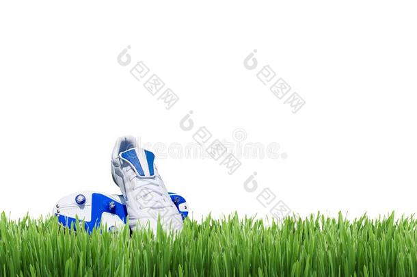 足球或足球鞋子向绿色的草隔离的向白色的后面