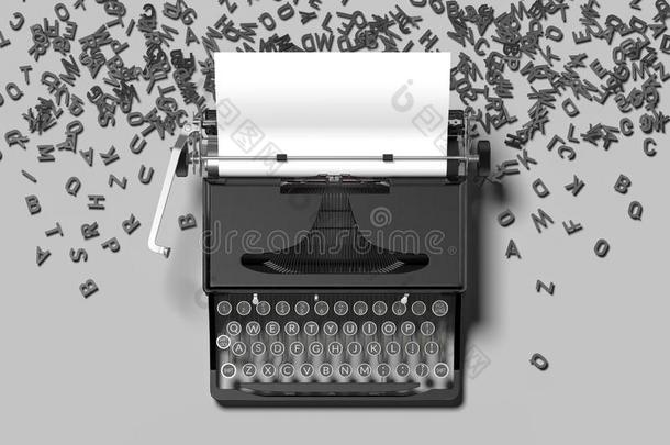 现实的黑的打字机和白色的空白的纸向灰色后面