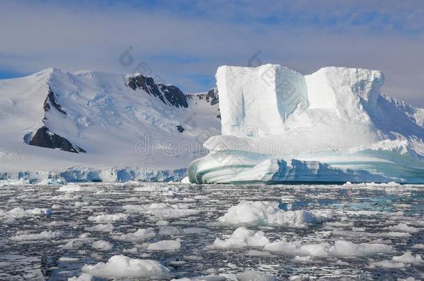 关在上面关于冰山合适的在旁边水被环绕着的在旁边熔化的冰