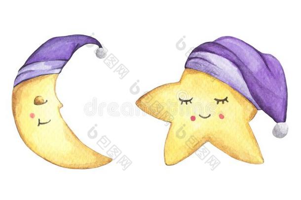欲睡的一半的月亮和小的星采用紫色的睡帽.水彩