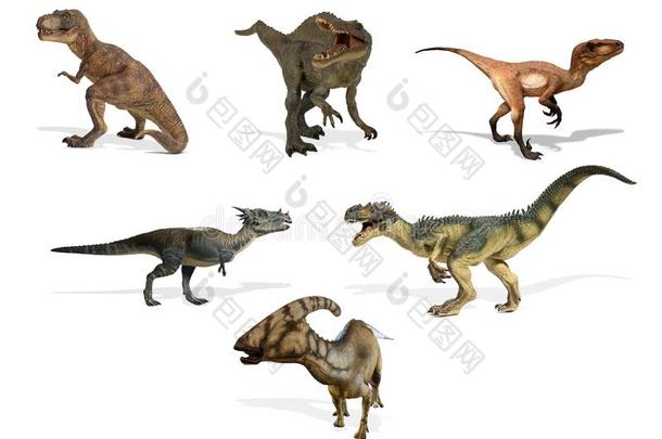 拼贴画关于不同的方式关于恐龙隔离的向白色的后座议员