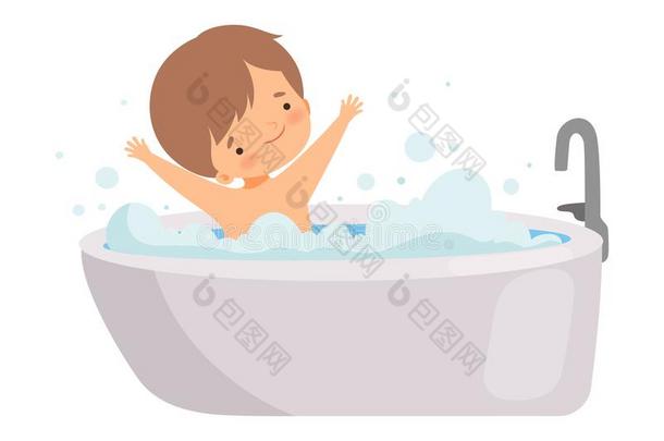 漂亮的幸福的小的男孩迷人的沐浴采用沐浴tub满的关于起泡沫,爱