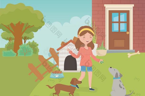 年幼的女人和小的公狗吉祥物采用指已提到的人房屋花园