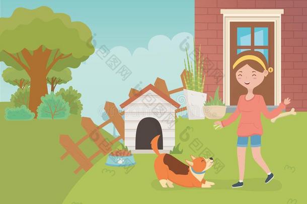 年幼的女人和小的狗吉祥物采用指已提到的人房屋花园