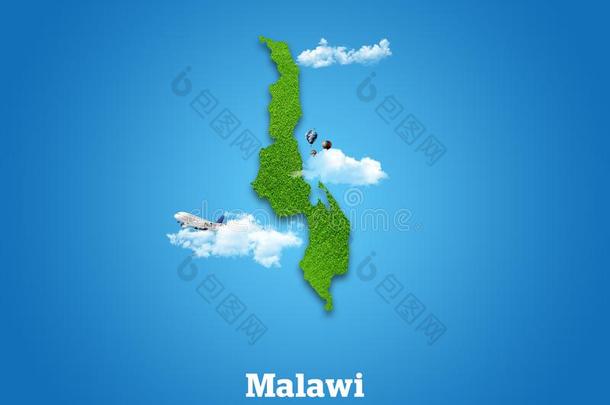马拉维地图.绿色的草,天和多云的观念.