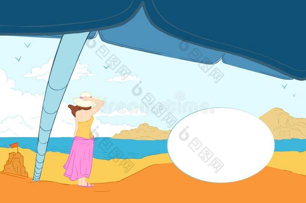 夏风向海海滩-女孩和雨伞是的椭圆形的标签