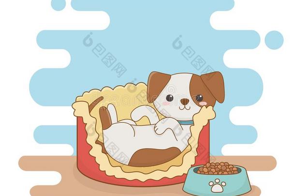 漂亮的小的狗吉祥物采用床和食物