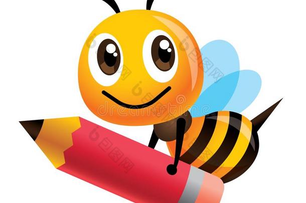 漫画漂亮的幸福的蜜蜂吉祥物运送的一大的红色的铅笔-矢量