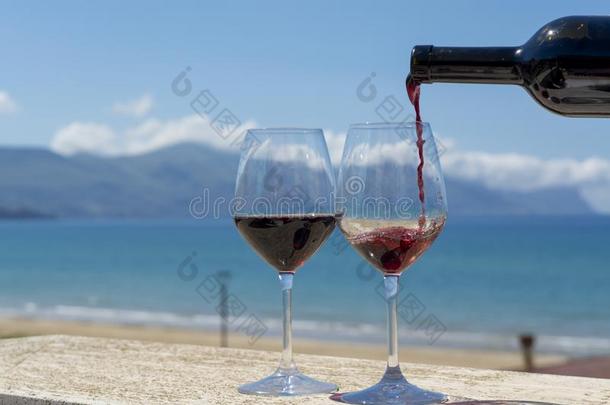 侍者传布红色的葡萄酒采用葡萄酒眼镜向户外的台阶维恩
