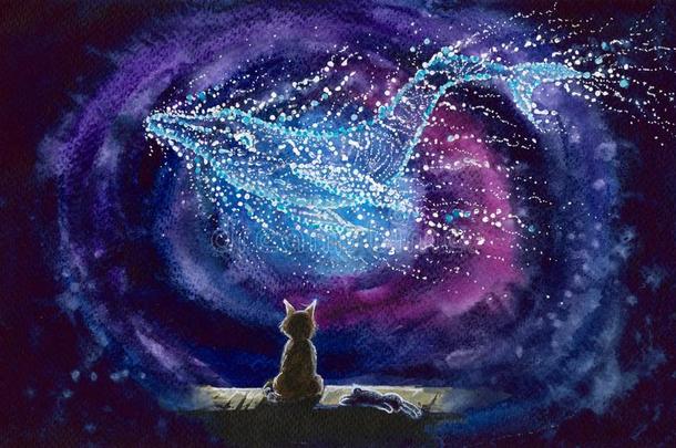 水彩猫和布满星星的鲸星座
