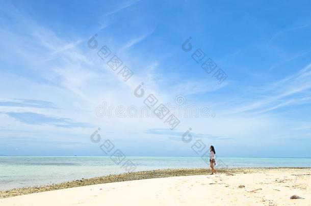 单一的年幼的亚洲人女孩步行向热带的白色的沙海滩