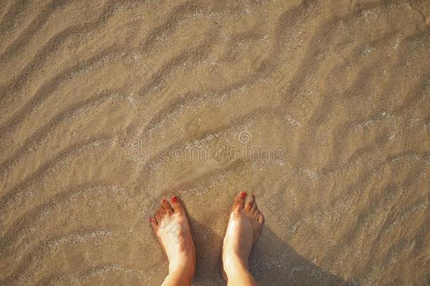 自拍照女人脚向米黄色沙夏日落海滩背景