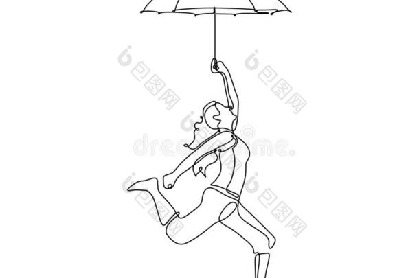女孩飞行的和雨伞连续的线条绘画最低纲领hand手