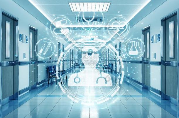 医院蓝色<strong>走廊</strong>和数字的医学的信息图表和茶