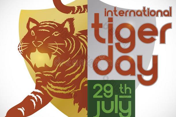 宏伟的老虎越过盾向庆祝国际的老虎一天,
