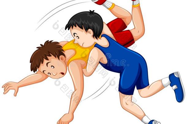 两个男孩战斗的柔道摔跤向运动competiti向
