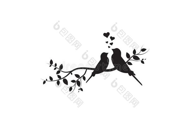 鸟对采用爱向树枝,<strong>墙贴</strong>花釉法,矢量,鸟西略