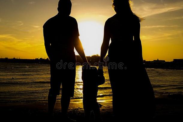 幸福的<strong>家庭</strong>起立向海滩<strong>反对</strong>天在的时候日落.父亲