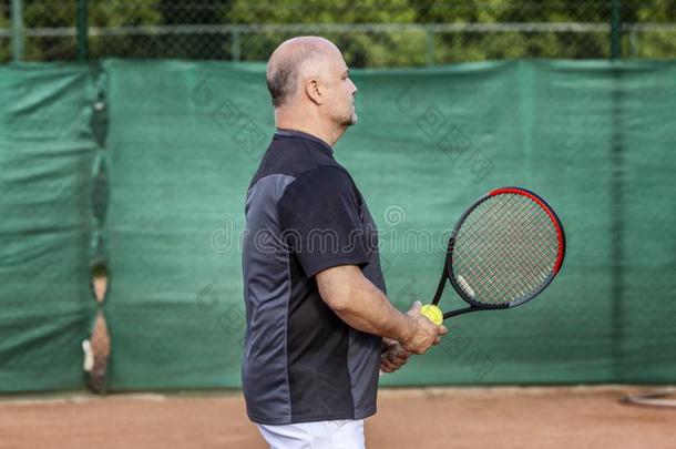 成熟的<strong>秃头</strong>的<strong>男人</strong>演奏网球向指已提到的人法院.和煦的：照到阳光的一天