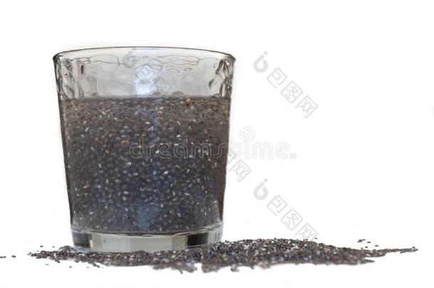 一玻璃关于芡欧鼠尾草种子疏松的在上面采用水,和分散的芡欧鼠尾草Sweden瑞典