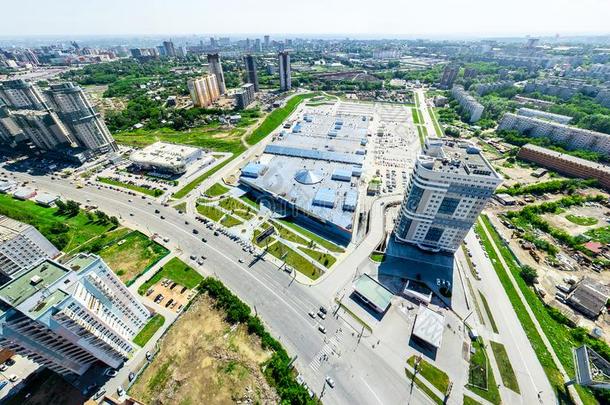 空气的城市看法.都市的风景.直升飞机射手.全景的影像.