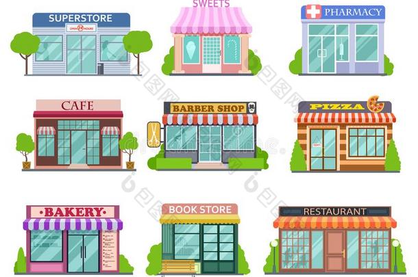 平的商店放置.理发师商店,书店和药房.面包房和