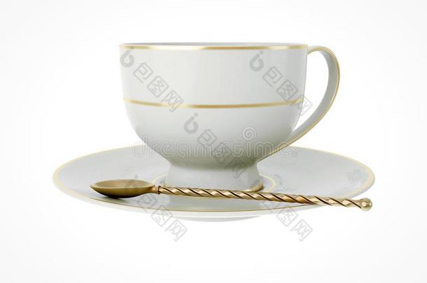 古老的白色的瓷杯子和金,金茶水勺向白色的.