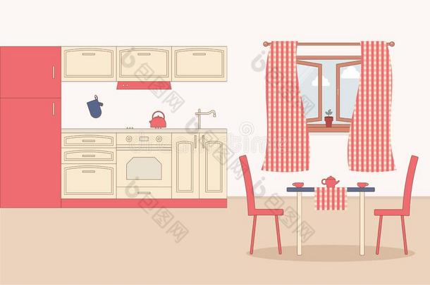 厨房家内部.室内的家具:电冰箱,炉,橱柜
