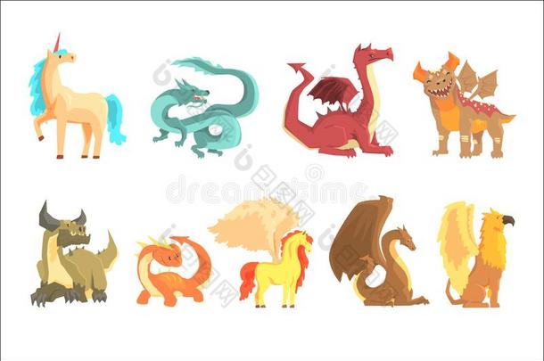 神话的动物,放置为标签设计.龙,独角兽,钉