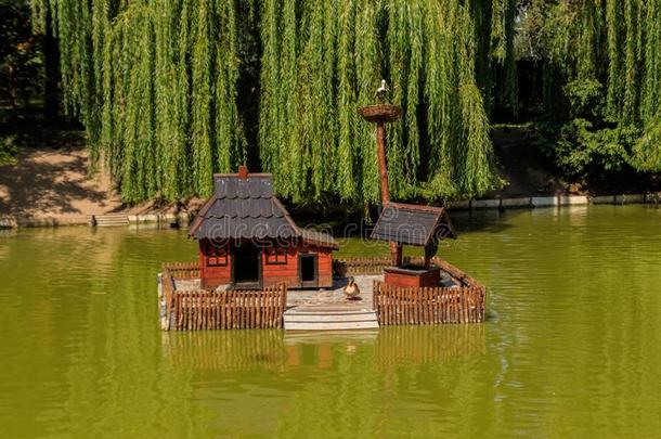 木制的房屋为水鸟和海龟向湖采用城市公园