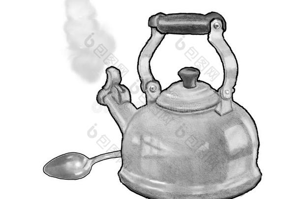 茶水壶和勺,炎热的水,铅笔绘画,石墨