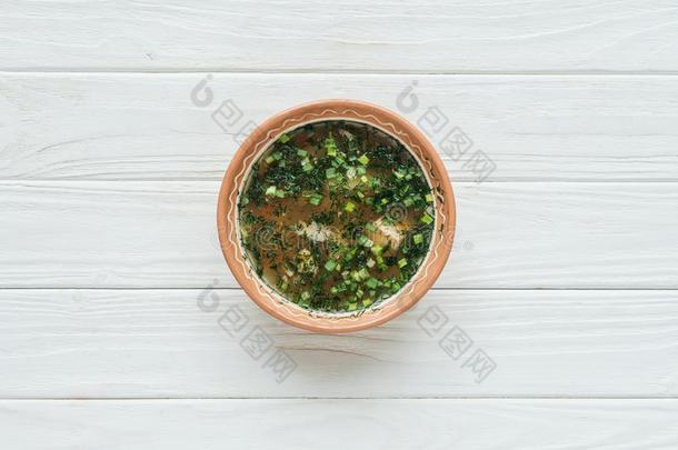 顶看法关于美味的传统的鱼汤和绿色的洋葱