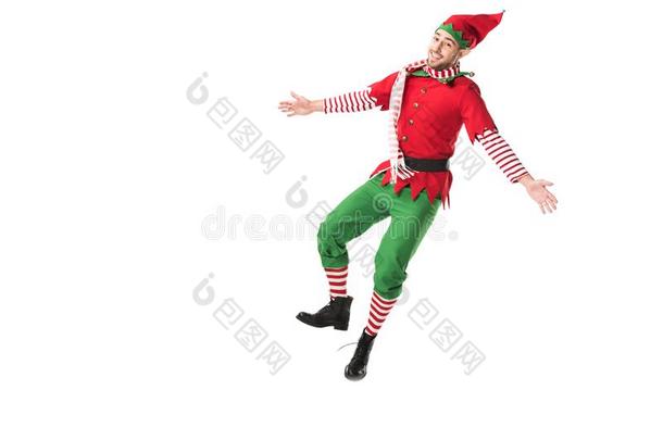 欢乐的男人采用圣诞节小精灵戏装jump采用g隔离的