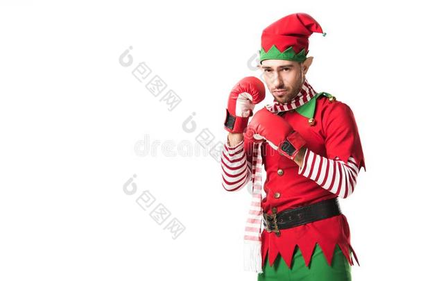 聚焦的男人采用圣诞节小精灵戏装wear采用g红色的box采用g拳击手套我