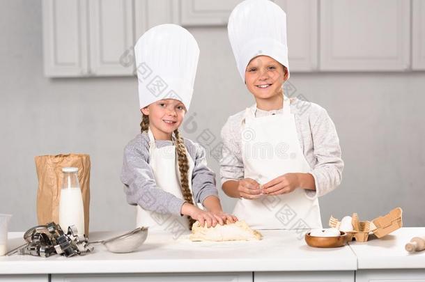 欢乐的兄弟和姐妹准备的生面团为甜饼干在表