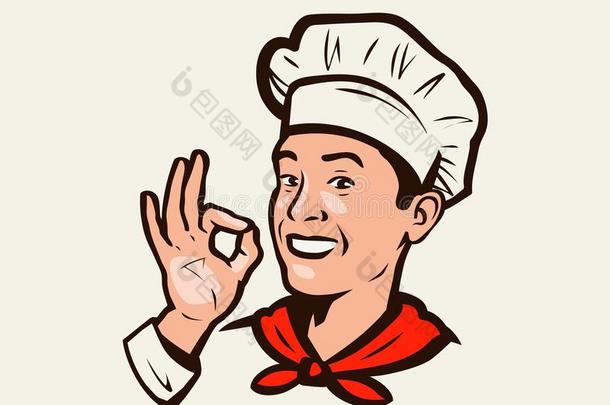 微笑的厨师手势关于美味的.菜单,饭店,食物象征
