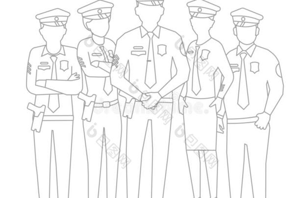 警察部门队.一组关于警察.女人和人采用制服.法