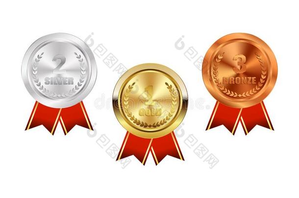 冠军金,银和青铜奖章和红色的带偶像符号
