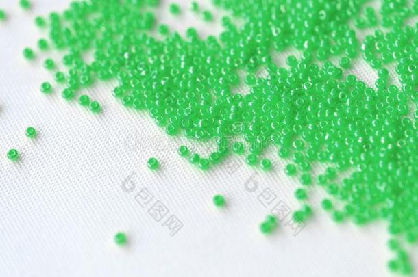 种子<strong>小</strong>珠子绿色的颜色分散的向一白色的纺织品b一ckground
