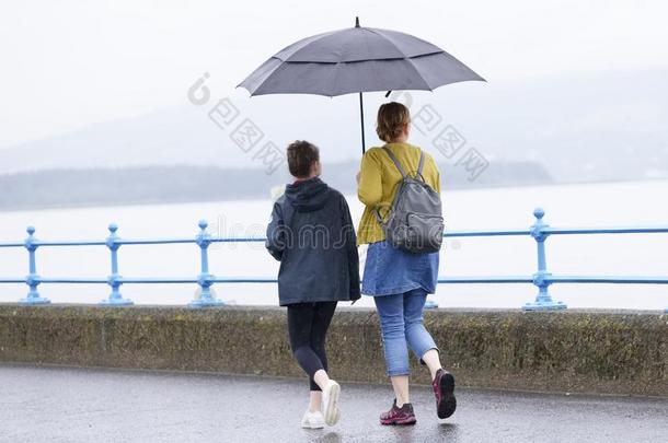 不列颠的湿的夏雨伞天气和母亲和女儿