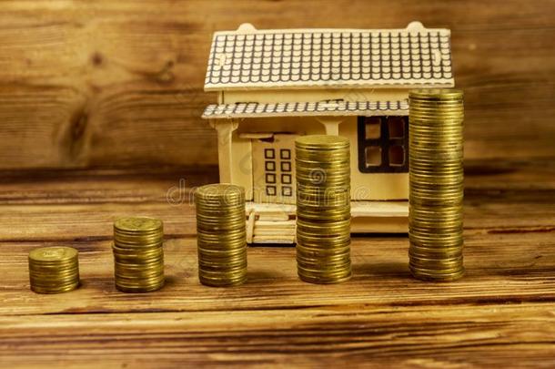 房屋模型和大量关于金色的coinsurance联合保险向木制的背景.专业人员