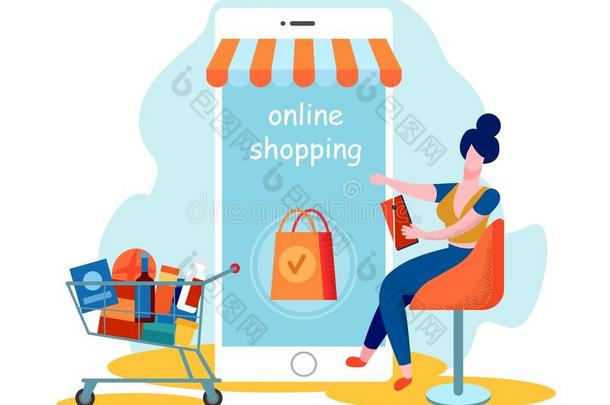 女人顾客使用可移动的计算机应用程序为在线的购物