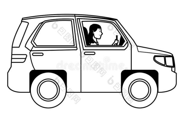 女人操纵多功能运动车车辆侧视图漫画采用黑的和白色的