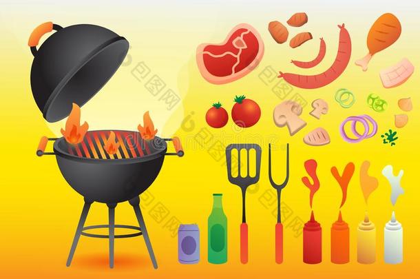 barbecue吃烤烧肉的野餐烧烤和barbecue吃烤烧肉的野餐工具放置平的方式矢量为卡片或伊维塔
