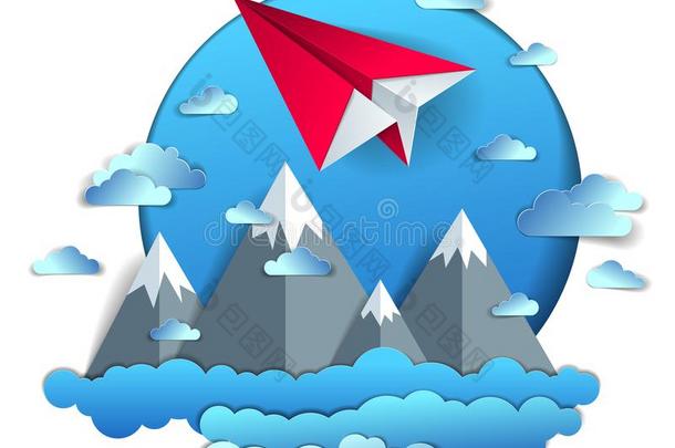 纸水平飞行的采用多云的天越过风景优美的风景关于莫塔