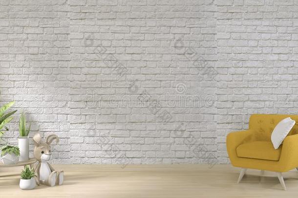 愚弄在上面-黄色的沙发向白色的砖墙向地面木制的最小值