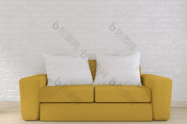 愚弄在上面-黄色的沙发向白色的砖墙向地面木制的最小值