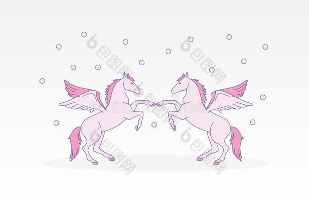 魔法有翼的马,独角兽仙女-传说动物矢量卡片